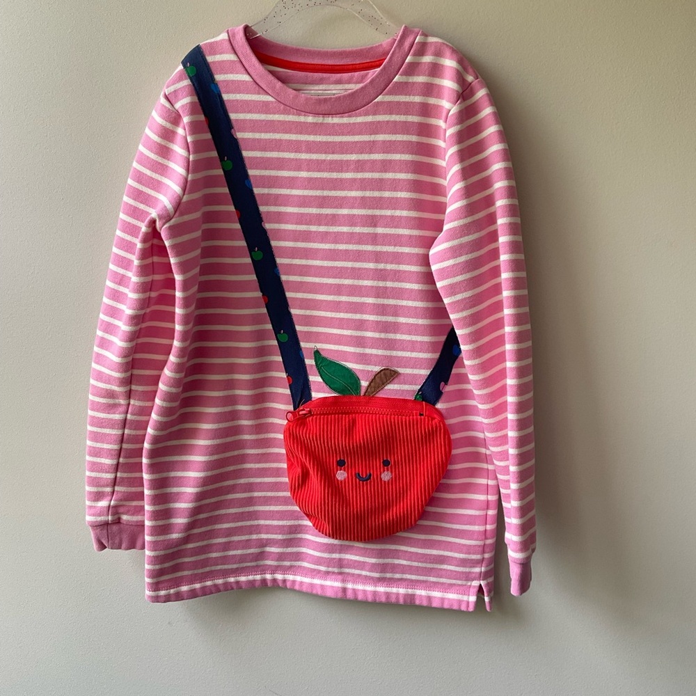 Mini Boden Pink and White Striped Apple Appliqué Tunic